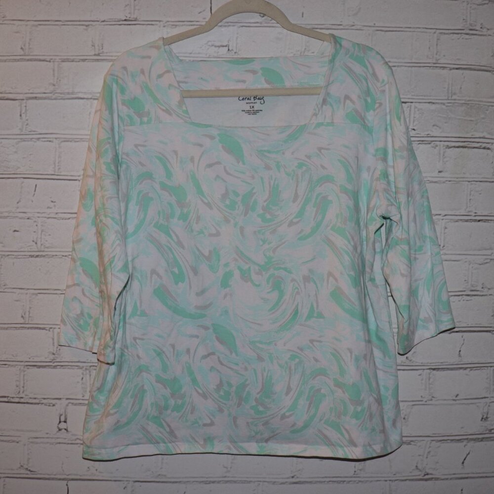 🌊 Coral Bay Woman 3/4 Sleeve Swirl Top · Size 1X · teal, gray & white flow